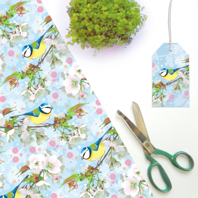 Bluetit & Cherry Blossom Spring Wrapping Paper - Eco, Pack of 2 Folded Sheets