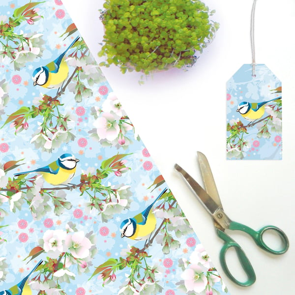 Bluetit & Cherry Blossom Gift Wrapping Paper - Eco, Pack of 2 Folded Sheets