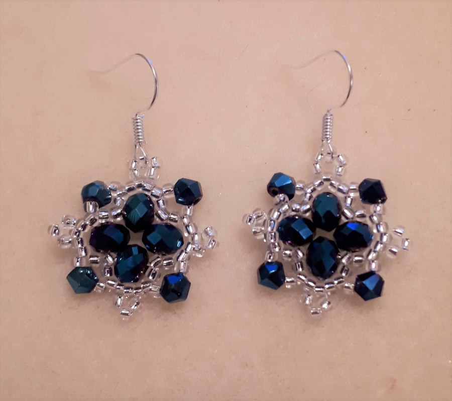 Dark Blue crystal  and silver seed bead earrings 