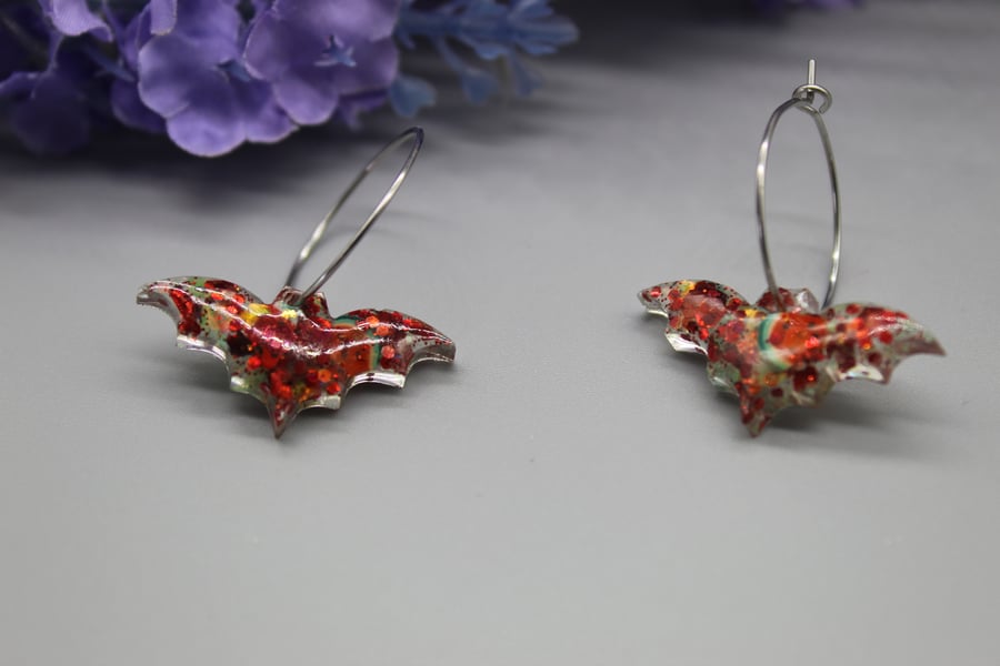 Bat Earrings, Fruit Bat Earrings, Halloween Earrings, Resin Hoop Earrings,