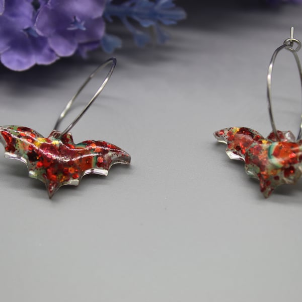 Bat Earrings, Fruit Bat Earrings, Halloween Earrings, Resin Hoop Earrings,
