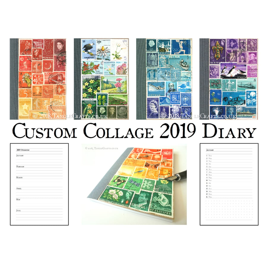 2019 Diary A6 Monthly Planner - Original Postage Stamp Collage, Upcycled Vintage