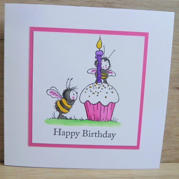 happy birthday card, bee with pink cupcake