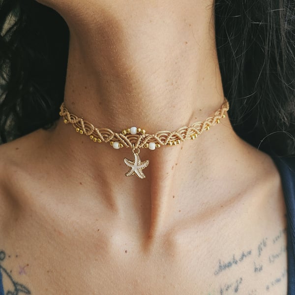 Beige Macramé Choker with Starfish Charm and Seed Beads