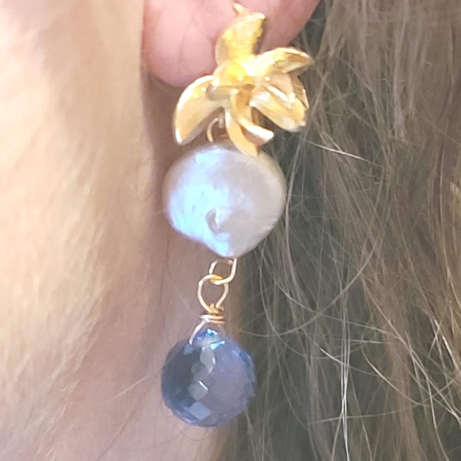 Blue Topaz earrings with freshwater coin pearl. December Birthstone.