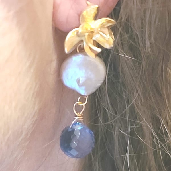 Blue Topaz earrings with freshwater coin pearl. December Birthstone.