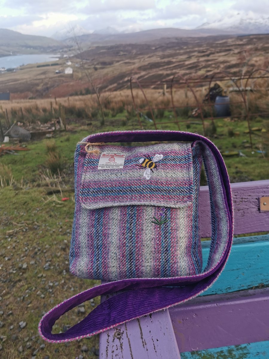 Harris Tweed crossbody bag with embroidered bee looking for lavender 