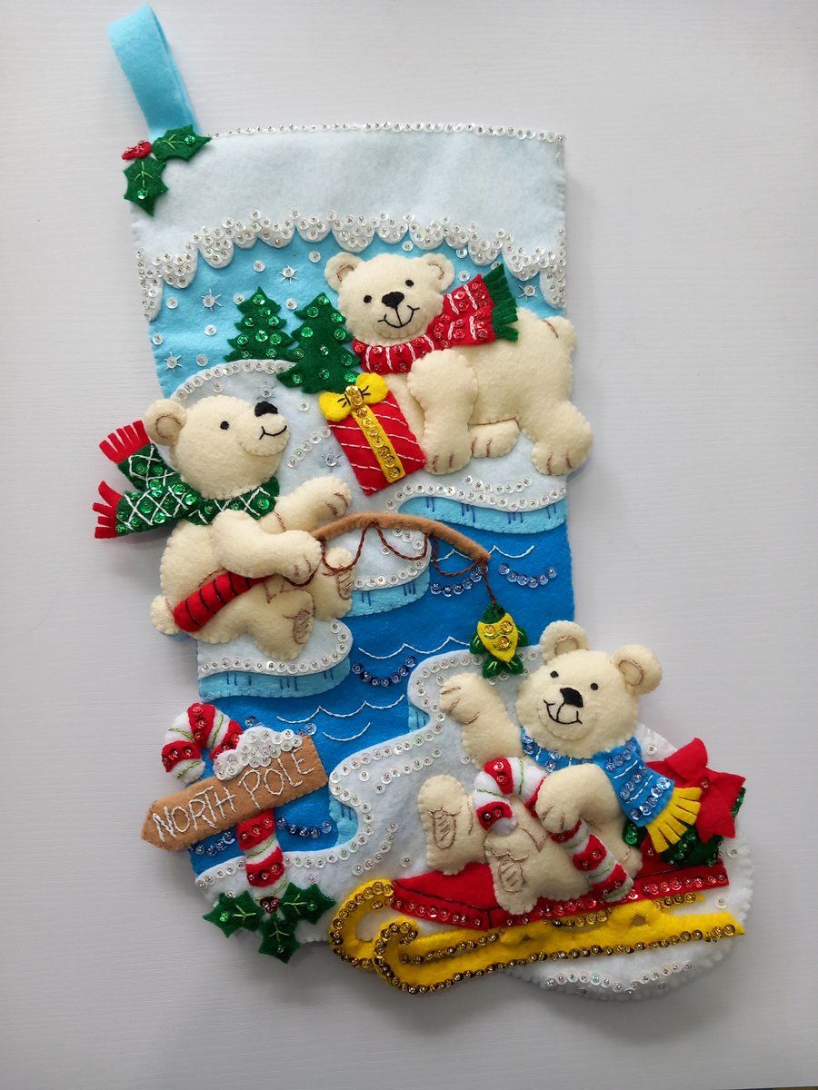 Bucilla Polar Bear Buddies FINISHED Christmas Stocking - Can be Personalised