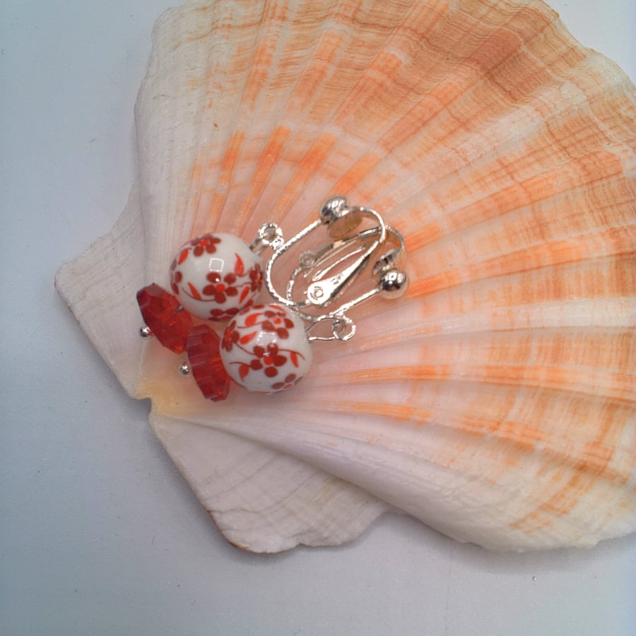 Red and White Floral Bead Clip On Earrings, Gift for Her, Red and White Earrings
