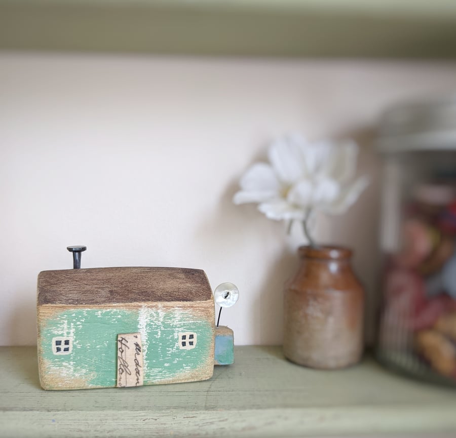 Little Handmade Wooden House with Teeny Button Flower Garden