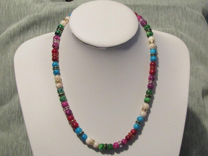 Mottle Glass Bead & Rhinestone Necklace