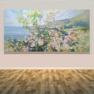 Dorset Calling is a panoramic oil painting of a glimpse of the Dorset coastline 