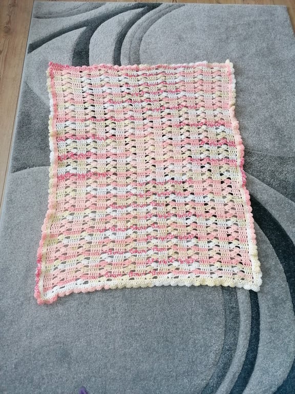 Crocheted Blanket in shades of Lemon, Peach, White and Lime green