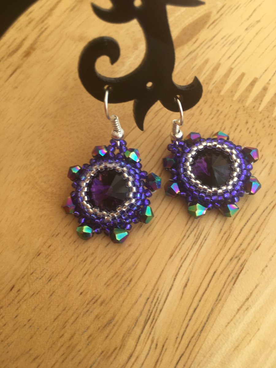 Purple And Silver Seed Bead, Bicone Drop Earrings 