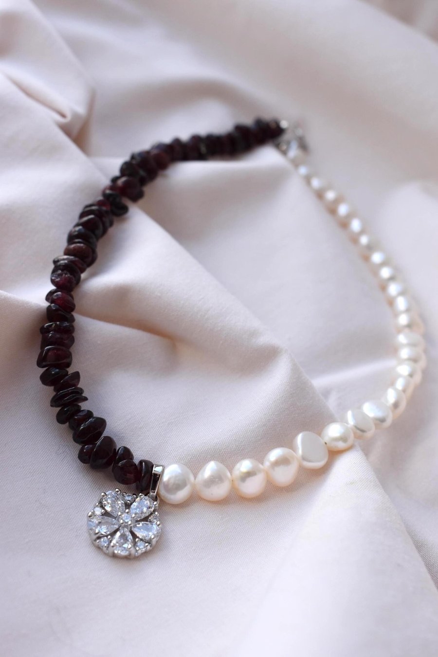 Handmade Garnet & Freshwater Pearl Necklace with Cubic Zirconia Drop Pendant