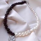 Handmade Garnet & Freshwater Pearl Necklace with Cubic Zirconia Drop Pendant