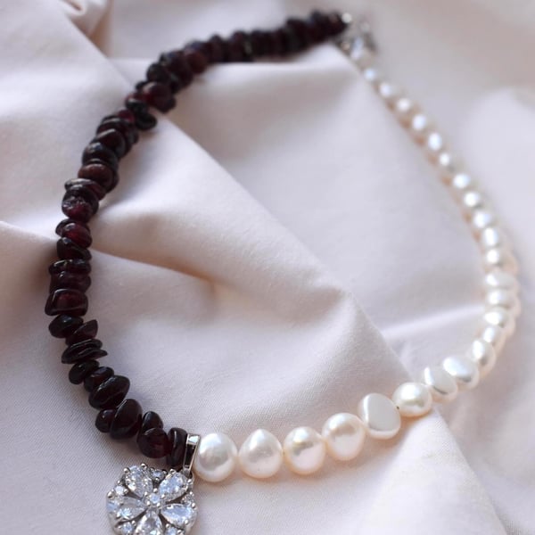 Handmade Garnet & Freshwater Pearl Necklace with Cubic Zirconia Drop Pendant