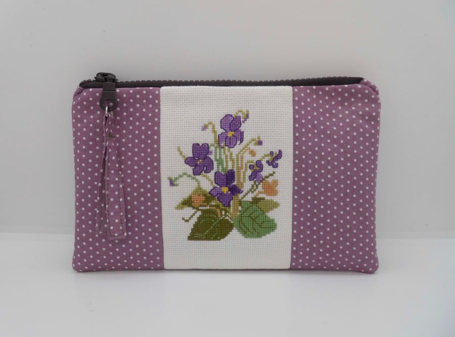 Make up bag purple flower embroidery