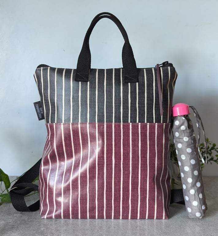Backpack - Red and Grey Pinstripe Oilcloth Compact Backpack perfectly imperfect