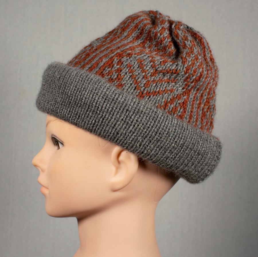 Fairisle Hat in Grey and Rust made with Pure Baby Alpaca Wool