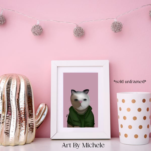 Whimsical Cat Art Print, Green Hoodie, Pink Background