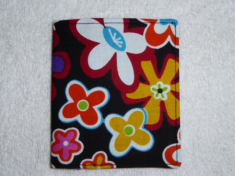 Flip Card Wallet. Flowers on Black Print Fabric