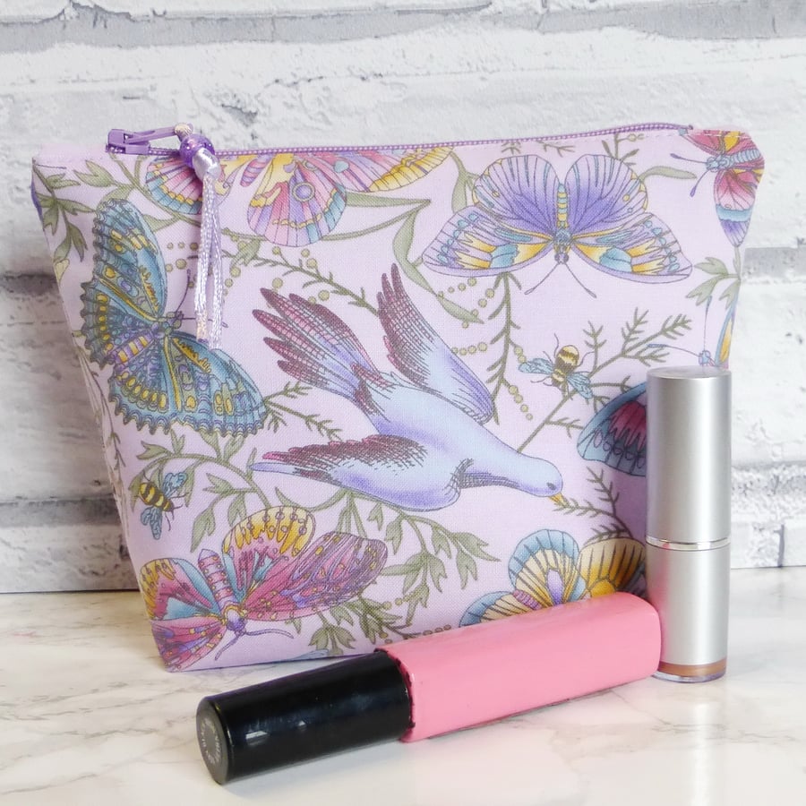 REDUCED: Birds & Butterflies zipped pouch, make up bag, cosmetic bag.