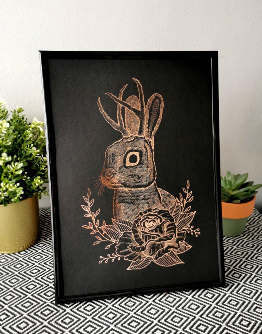Jackalope Foil Print - Mythical Rabbit Foil Print - Rose Gold Foil Print