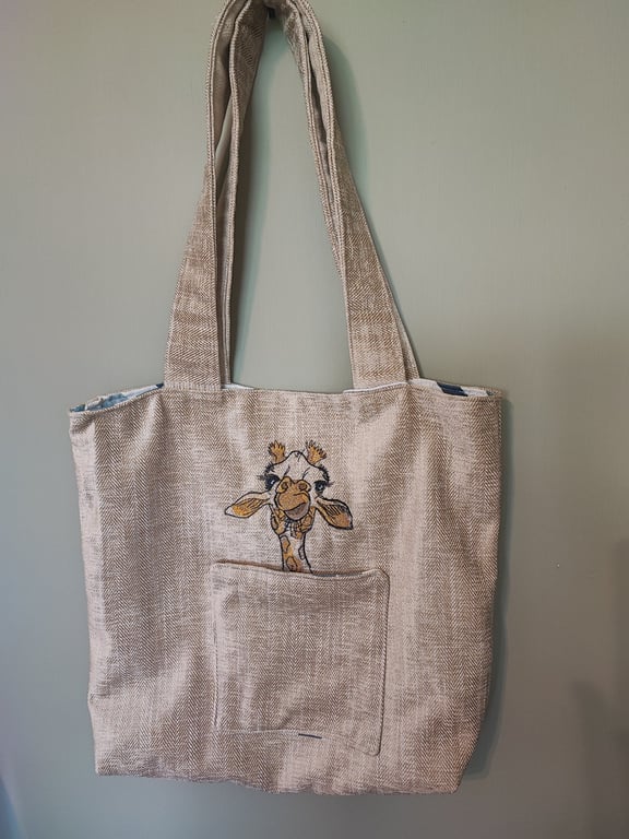 Tote Bag, beige colour herringbone with Giraffe embroidery