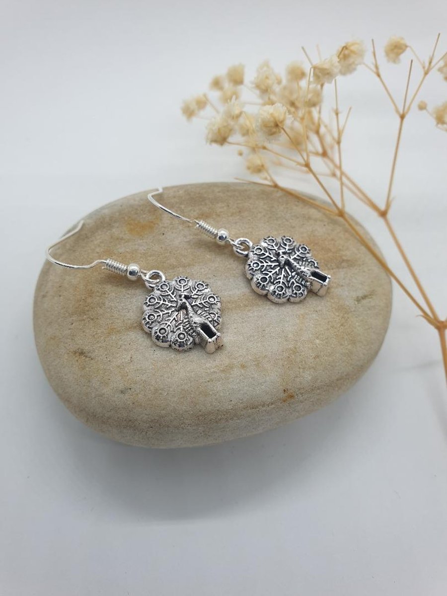 silver plated earrings with beautiful silver plate peacock charms 