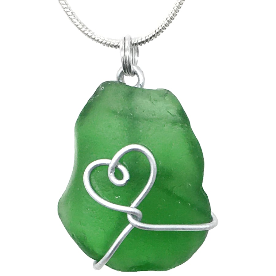 Green Scottish Sea Glass Heart Pendant Necklace Wire Wrapped Seaglass Jewellery