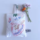 Large lavender bag recycled from vintage embroidered crinoline lady table cloth