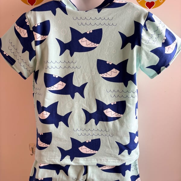Handmade Toddler Shark Jersey T Shirt & Shorts Set 
