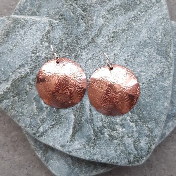 Dandelion Disc Copper Earrings With Sterling Silver Ear Wires