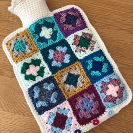 Multi Coloured Crochet Squares Hot water Bottle Cover