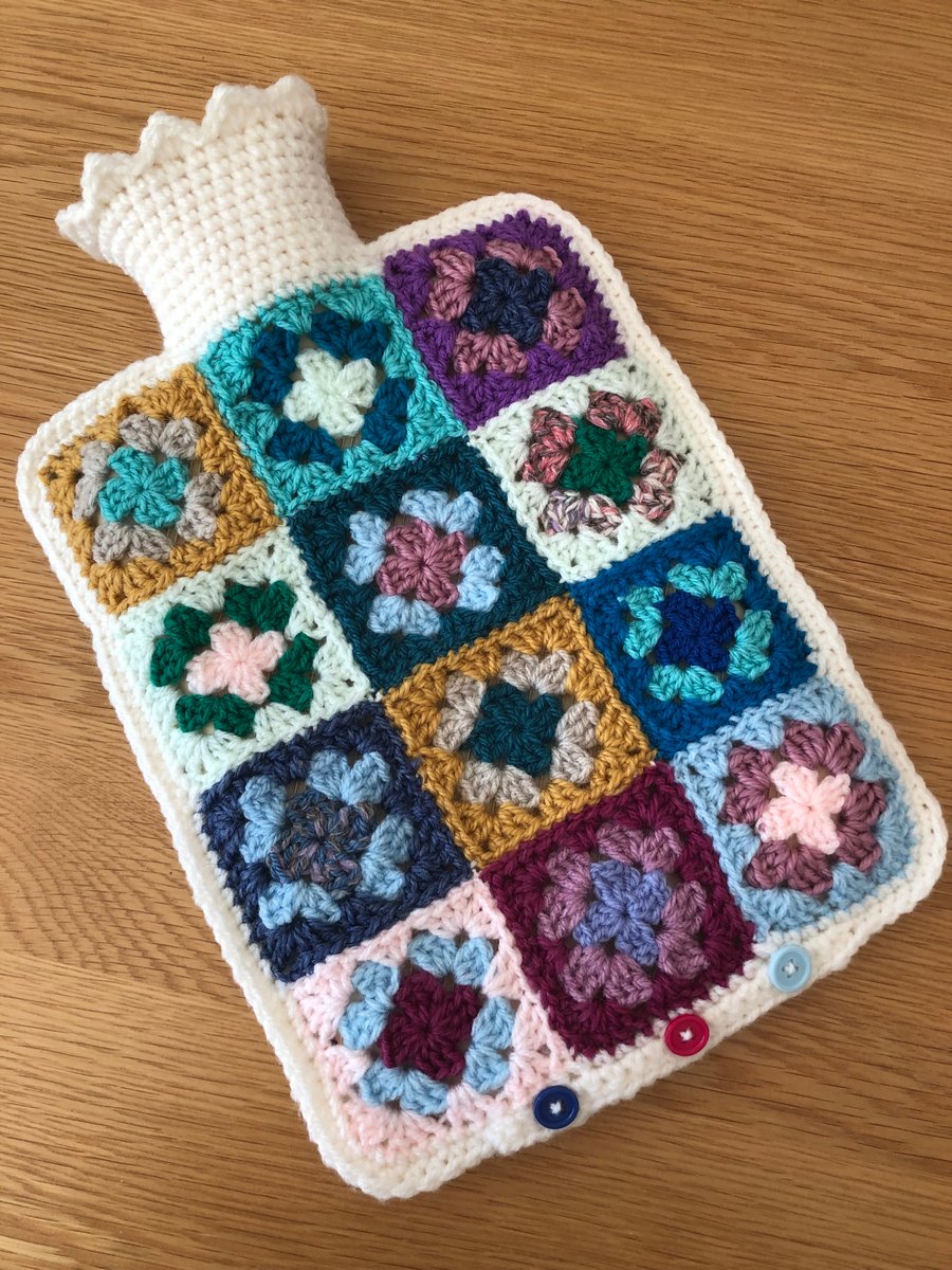 Multi Coloured Crochet Squares Hot water Bottle Cover