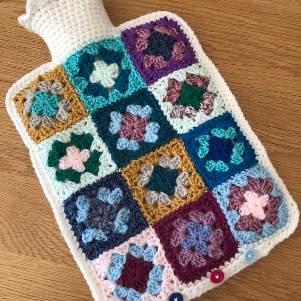 Multi Coloured Crochet Squares Hot water Bottle Cover