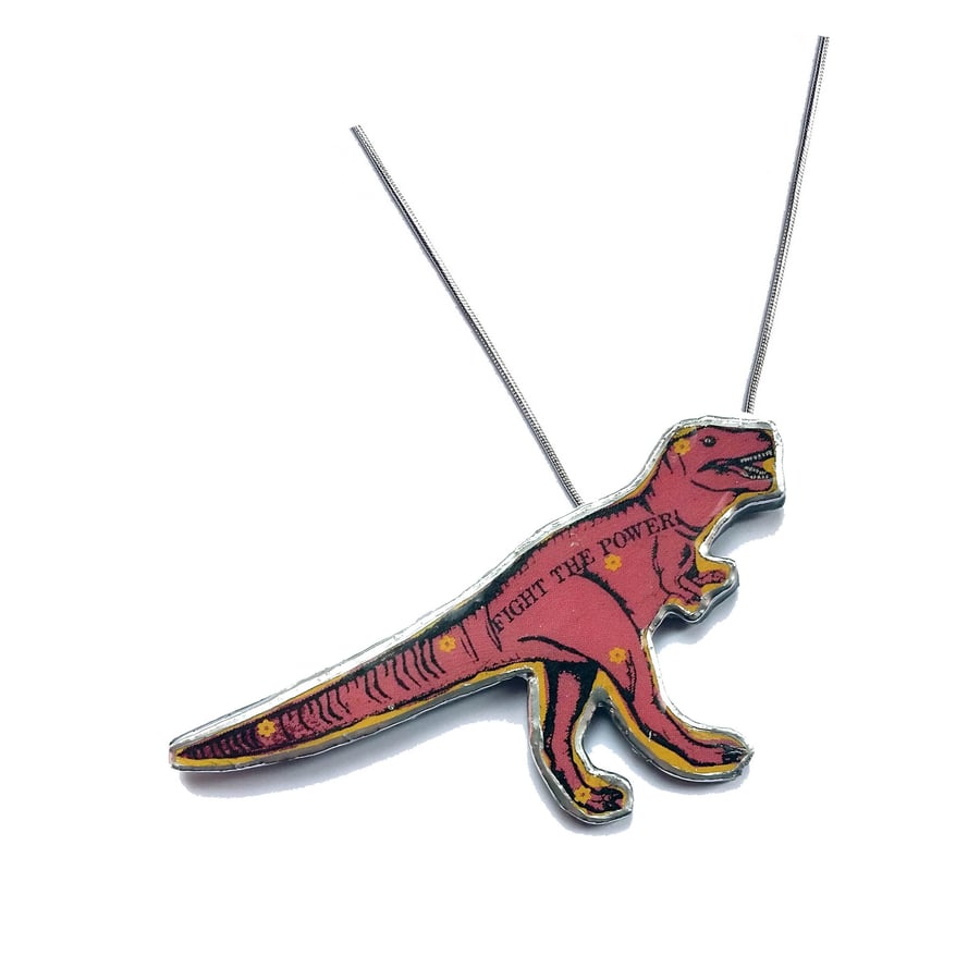 Amazing pink T Rex dinosaur Fight the Power Resin Necklace by EllyMental