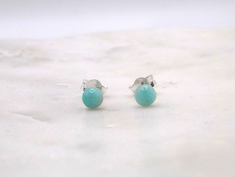 Amazonite Round Cabochon 4mm Gemstone Sterling Silver Stud Earrings.