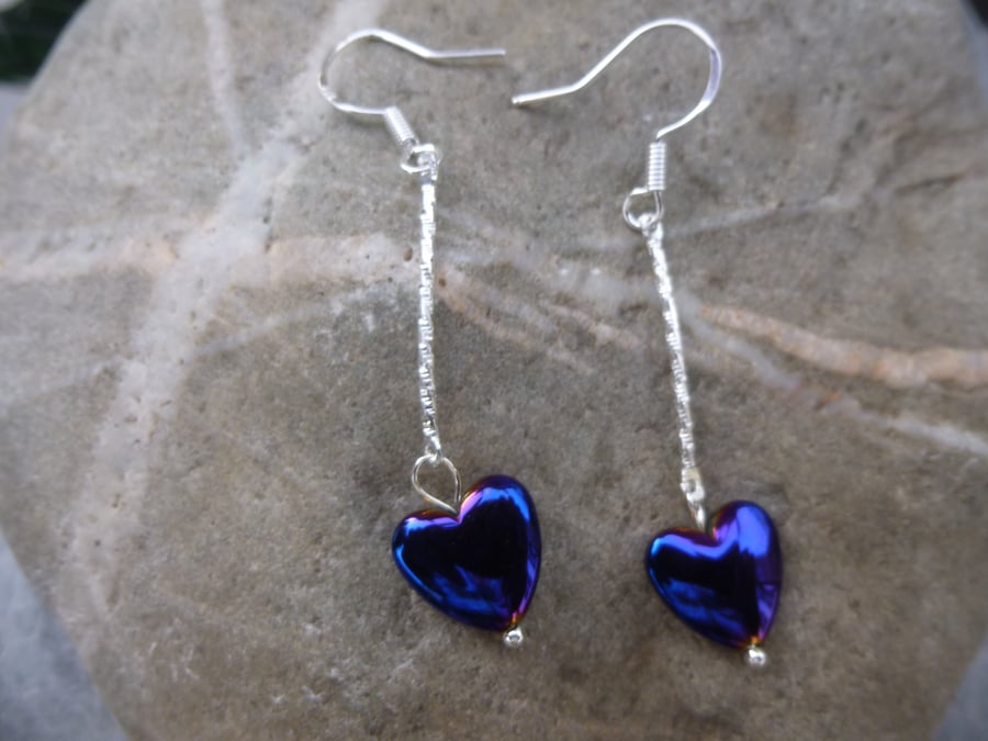 Hematite Blue Gemstone Heart Earrings, 925 Sterling Silver, Gift for Mum