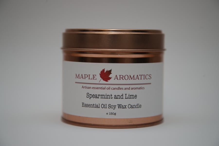 Maple Aromatics Spearmint and Lime Soy Wax Rose Gold 150g Candle Tin