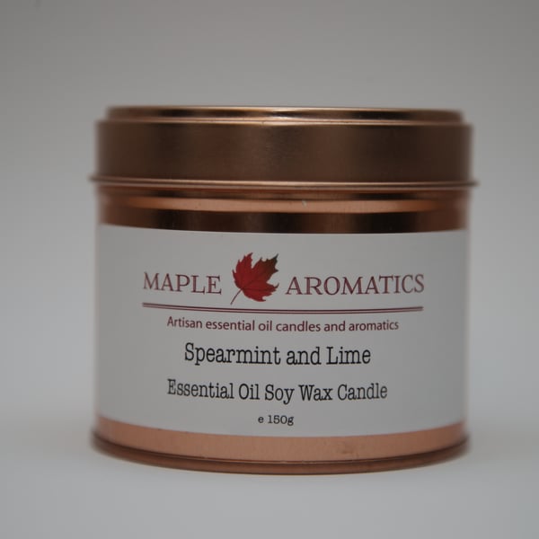Maple Aromatics Spearmint and Lime Soy Wax Rose Gold 150g Candle Tin