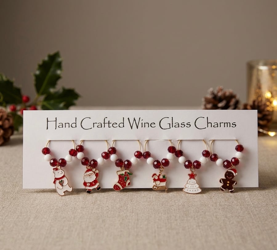 Red and White Festive Wine Glass Charms.