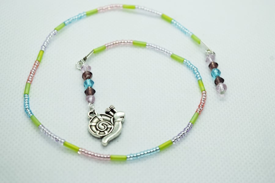 Snail Charm Blue and Pink Glass Seed and Bugle Bead Bookmark or Book Thong