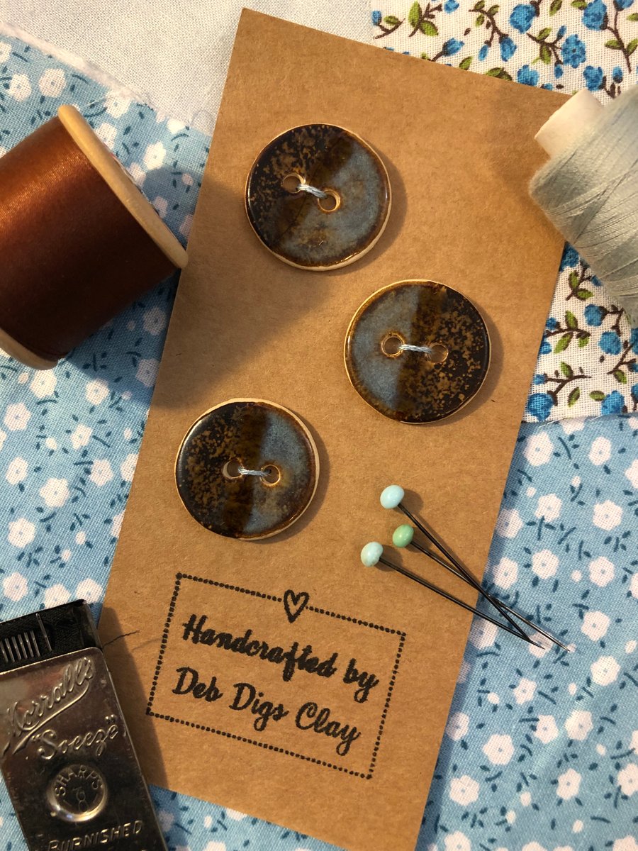 Set of 3 handcrafted ceramic buttons in speckled brown and rutile blue