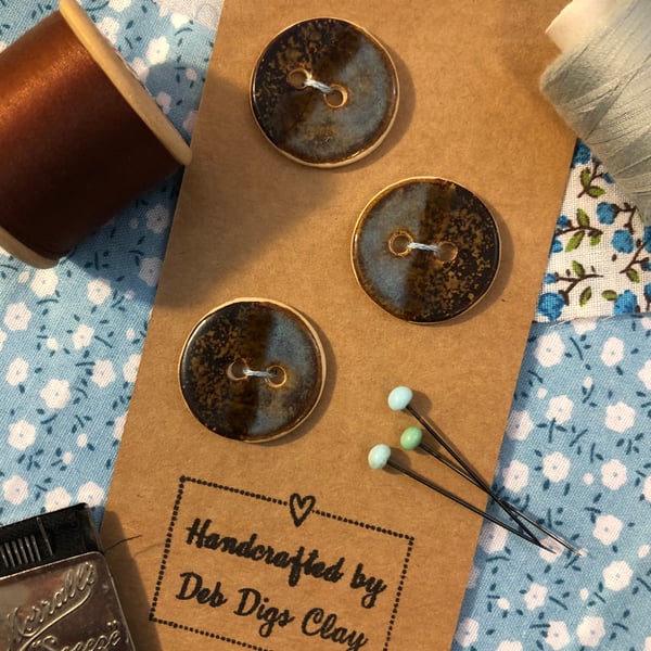 Set of 3 handcrafted ceramic buttons in speckled brown and rutile blue