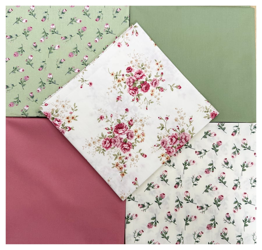 Fat Quarter Bundle - Pink & Green Rose Bud Floral Fabric Mix