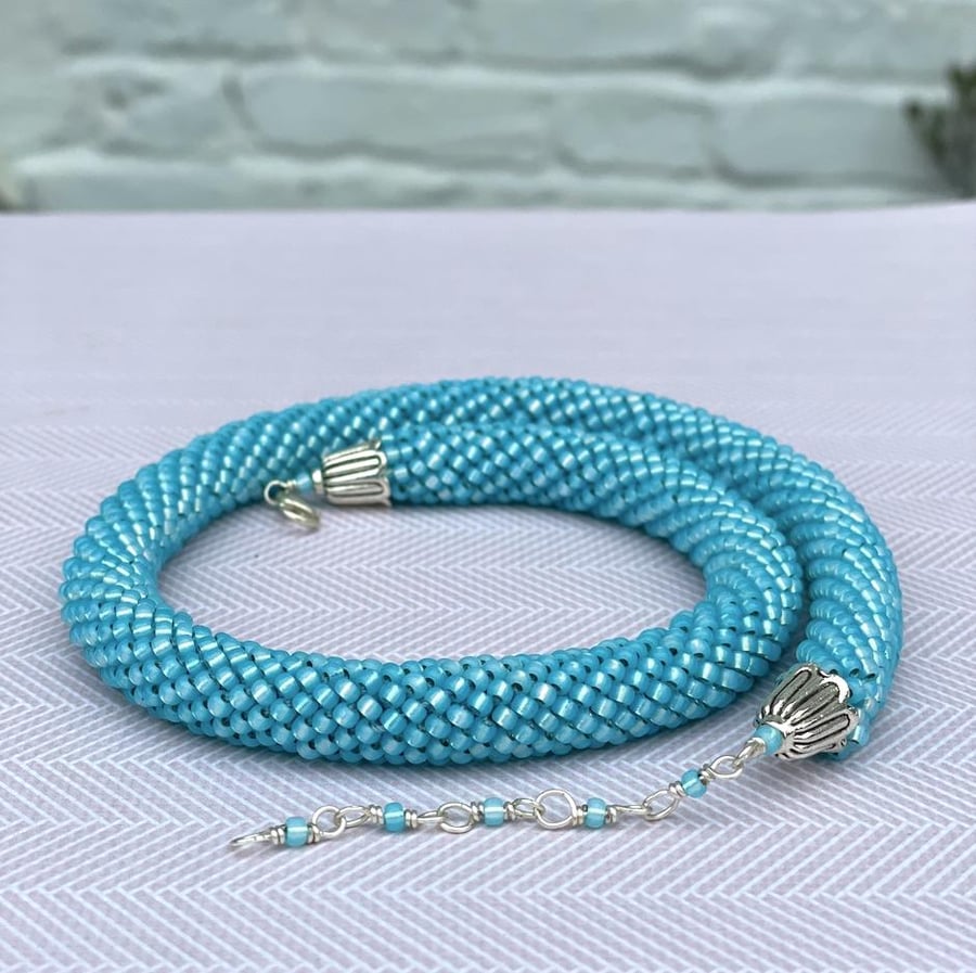 Aqua Alabaster Bead Crochet Rope Necklace Handmade Jewellery