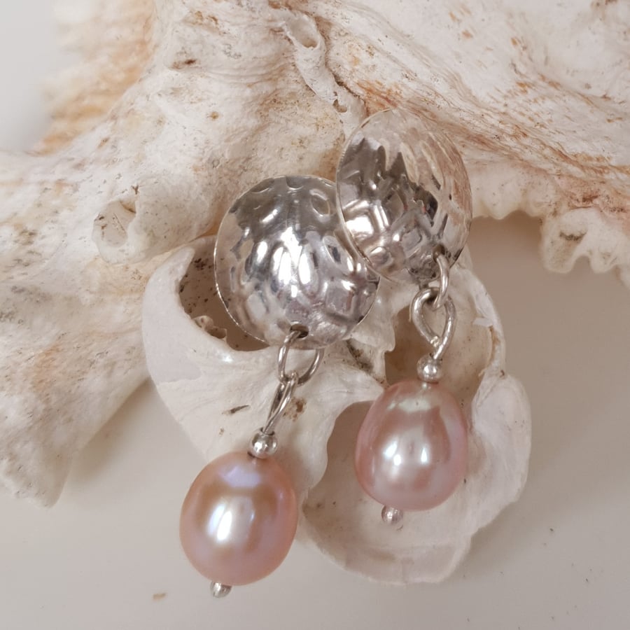 Sterling Silver Domed Earrings With Pink Cultured Pearl Drops Free UK PP