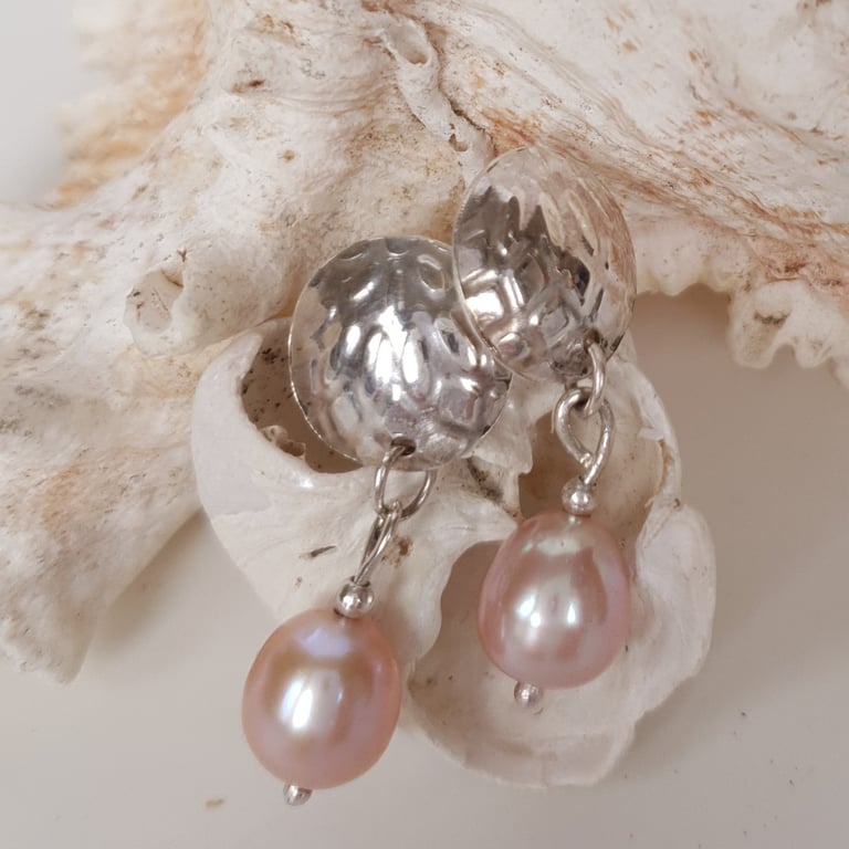 Sterling Silver Domed Earrings With Pink Cultured Pearl Drops Free UK PP